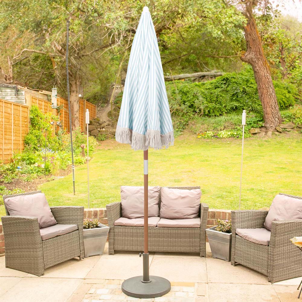 Harbour Housewares Pastel Blue Stripe Wooden Garden Parasol with Tassel Fringe 1.4m Image 4