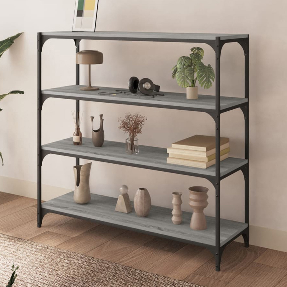 vidaXL 4 Shelf Grey Sonoma Wood and Steel Bookcase Image 1