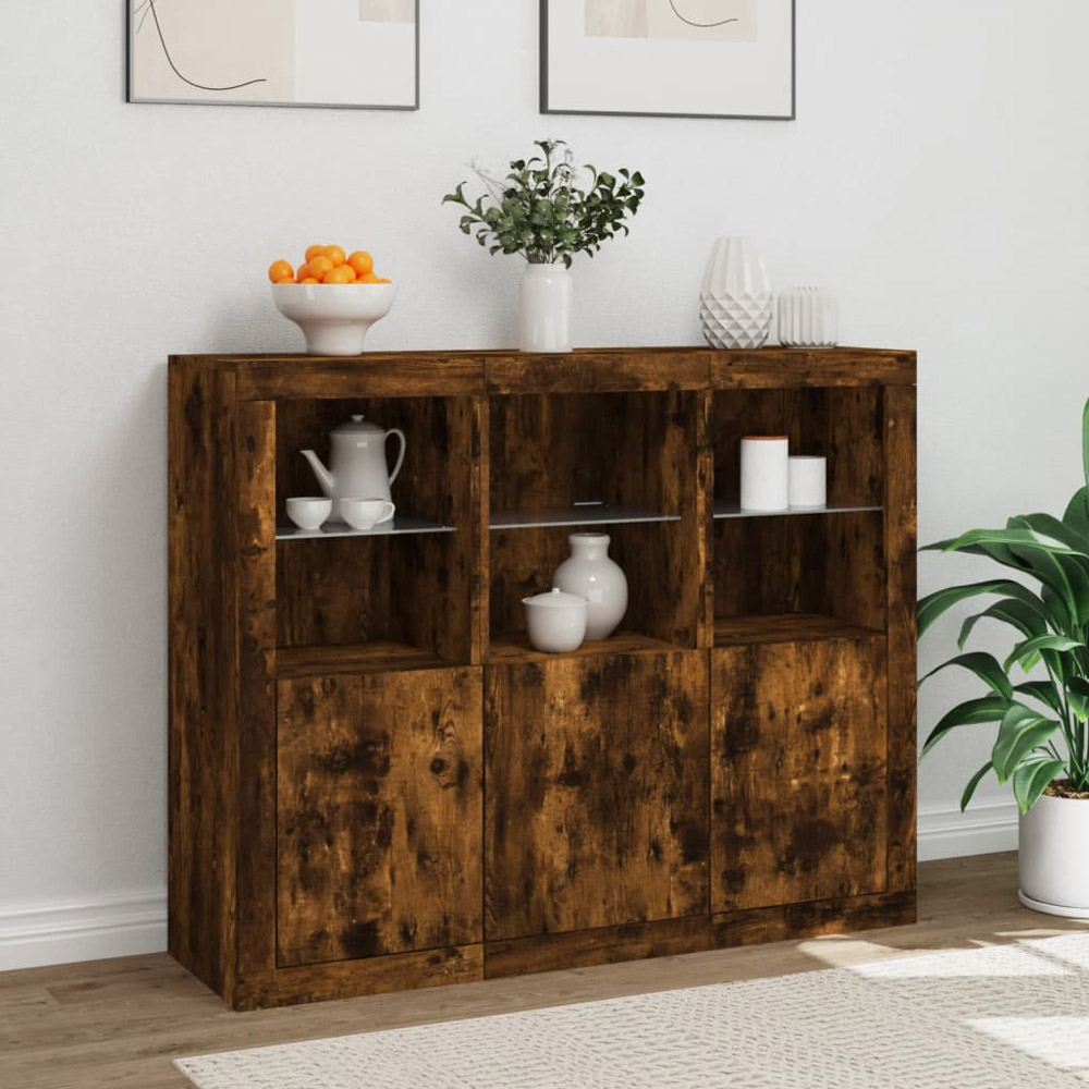 vidaXL 3 Door 6 Shelf Smoked Oak Sideboard with RGB LED Lights Image 4