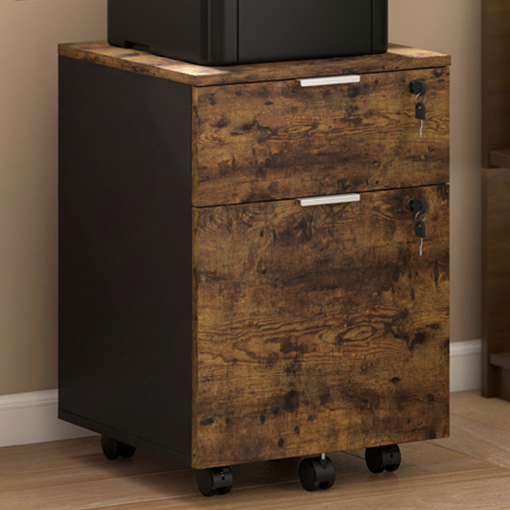 Portland 2 Drawer Rustic Brown Mobile Lockable Filing Cabinet with Keys Image 1