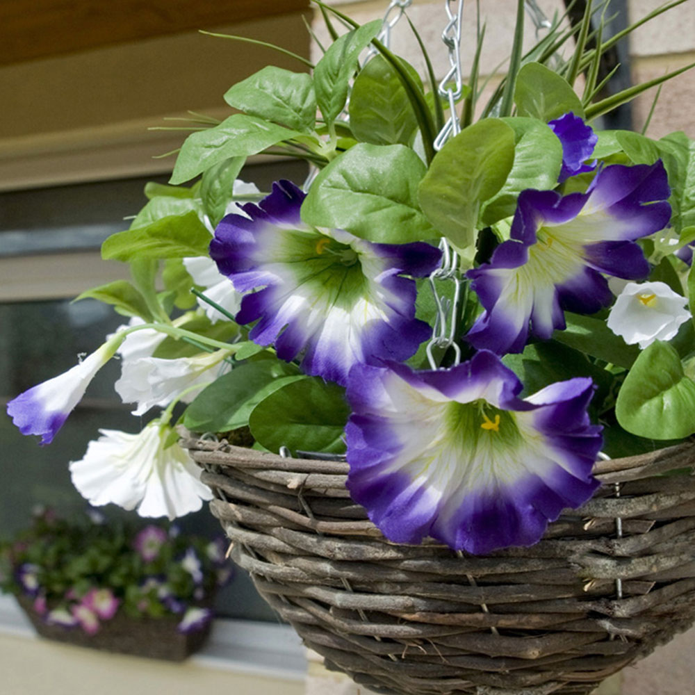 GreenBrokers Artificial Dark Purple and White Petunias Round Rattan Hanging Plant Baskets 2 Pack Image 2