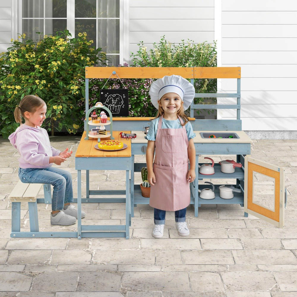 Costway Kids Grey Fir Wood Mud Kitchen Play Set with Picnic Table Image 2