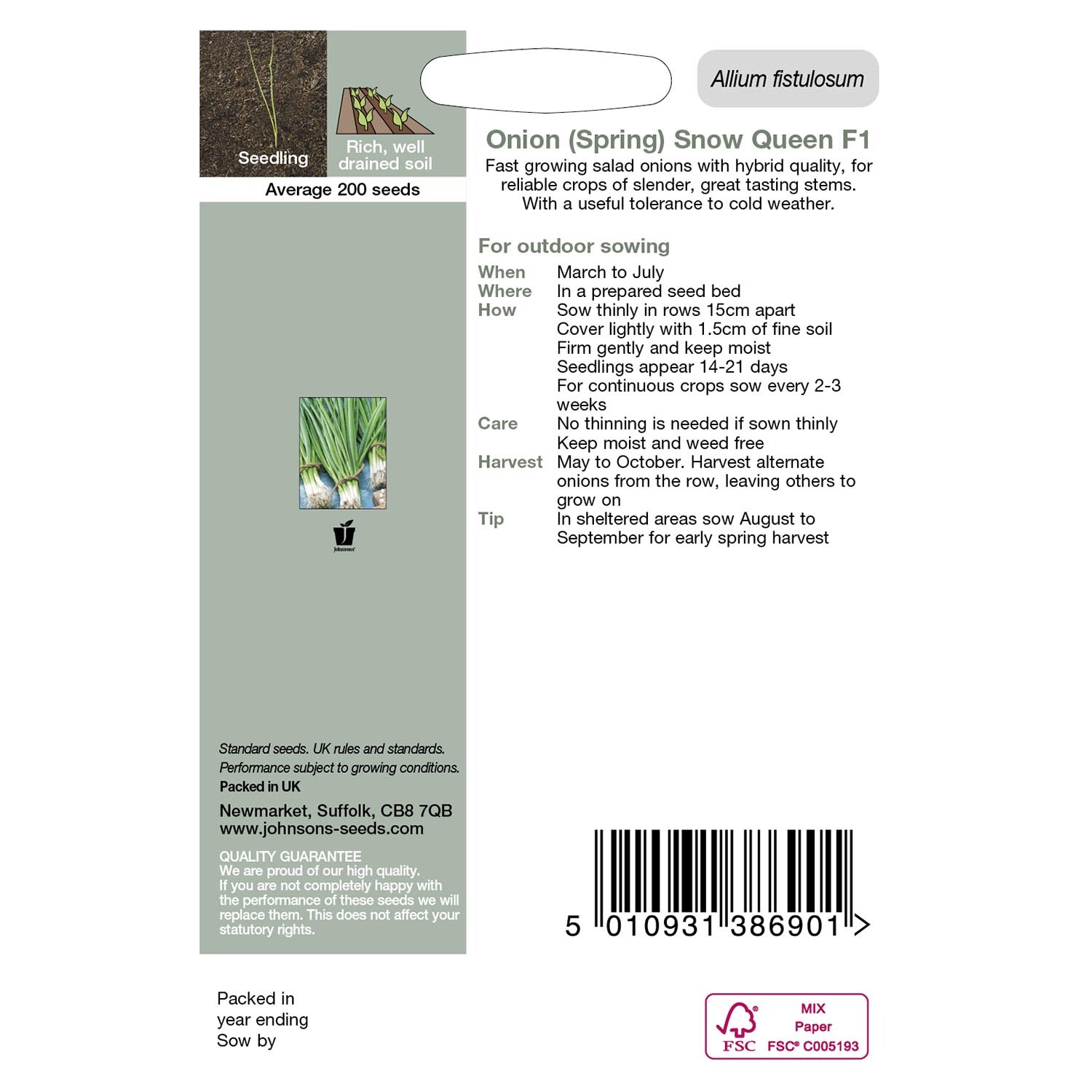 Johnsons Spring Onion Snow Queen Vegetable Seeds Image 3