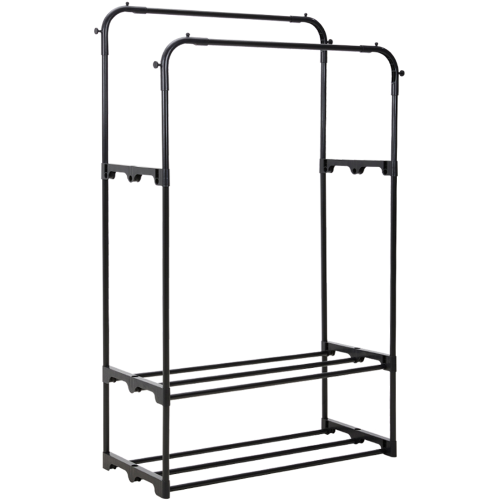 H&O Direct 2 Shelf Black Double Rod Metal Clothes Rack with Hooks Image 1
