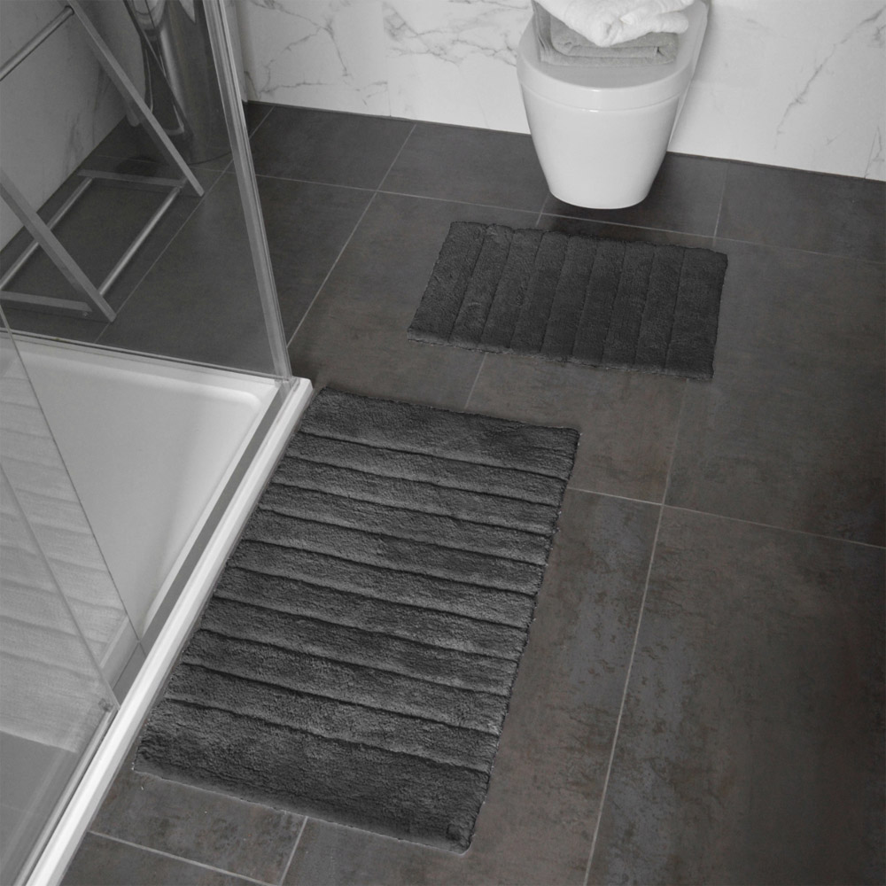 Allure Bath Fashions Charcoal Grey Ribbed Bath Mat Set 2 Piece Image 2