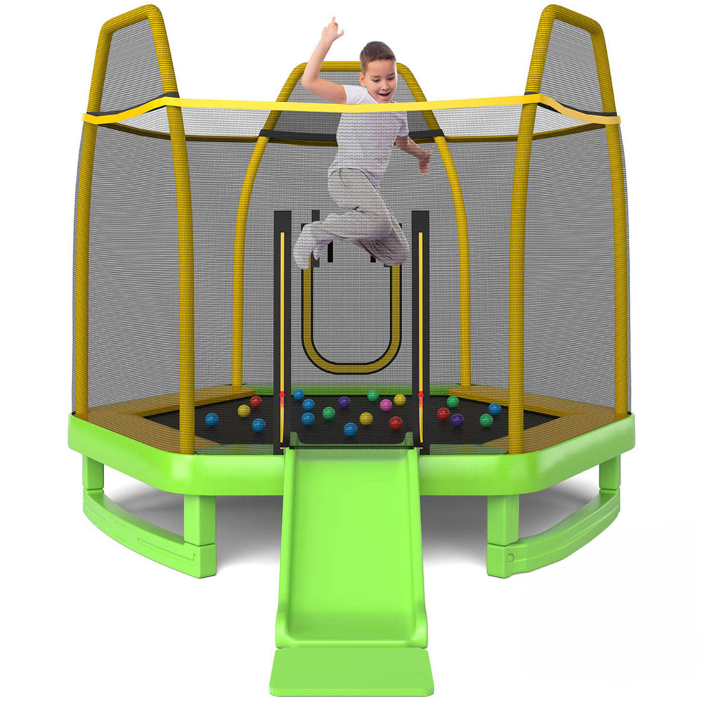 Costway 7ft Green Hexagonal Trampoline with Slide and Safety Enclosure Net Image 1