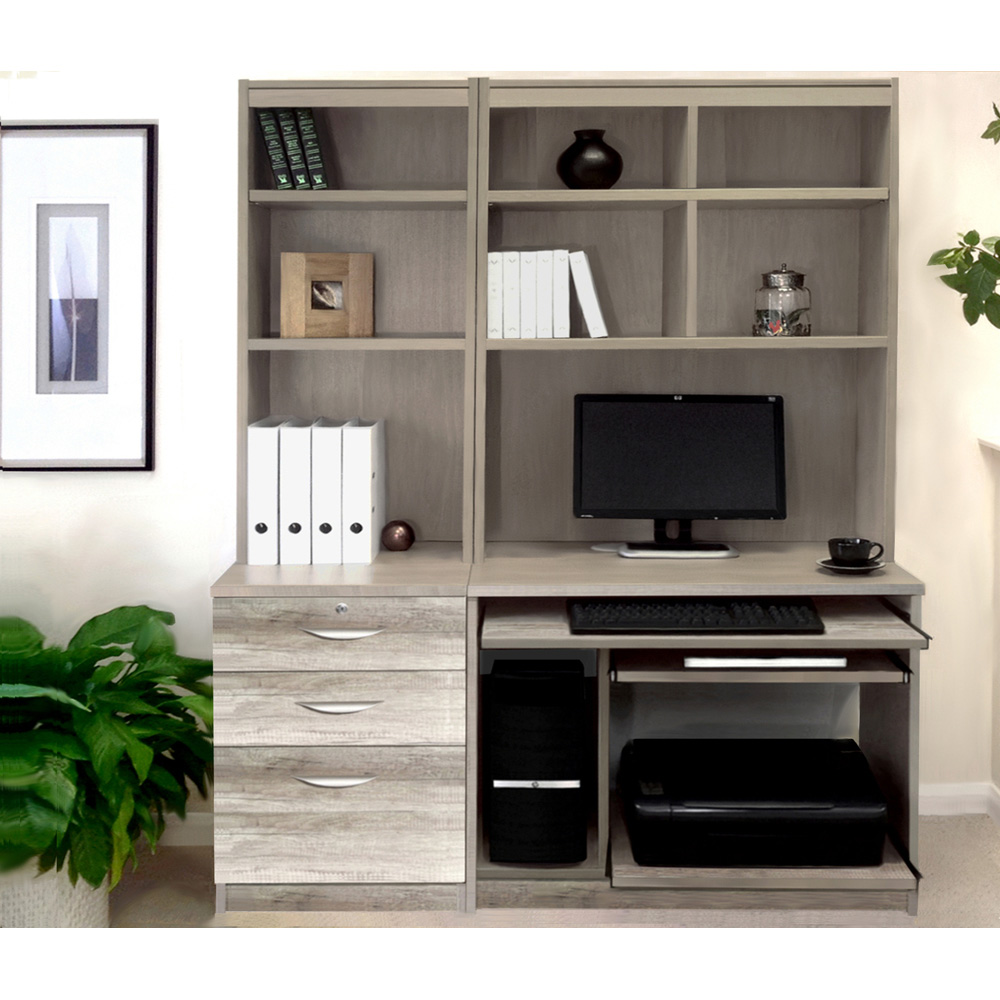 R White Cabinets 3 Drawer Set-17 Computer Desk with Bookcase and Printer Shelf Grey Image 4
