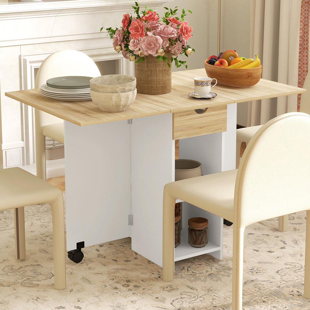 HOMCOM 4 Seater Oak Drop Leaf Foldable Dining Table Image 1