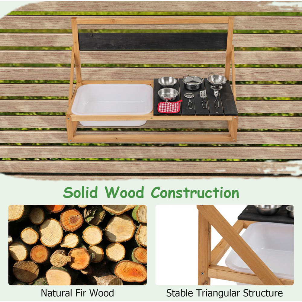 Costway Kids Natural Fir Wood Kitchen Play Set with Hanging Hooks and Blackboard Image 6