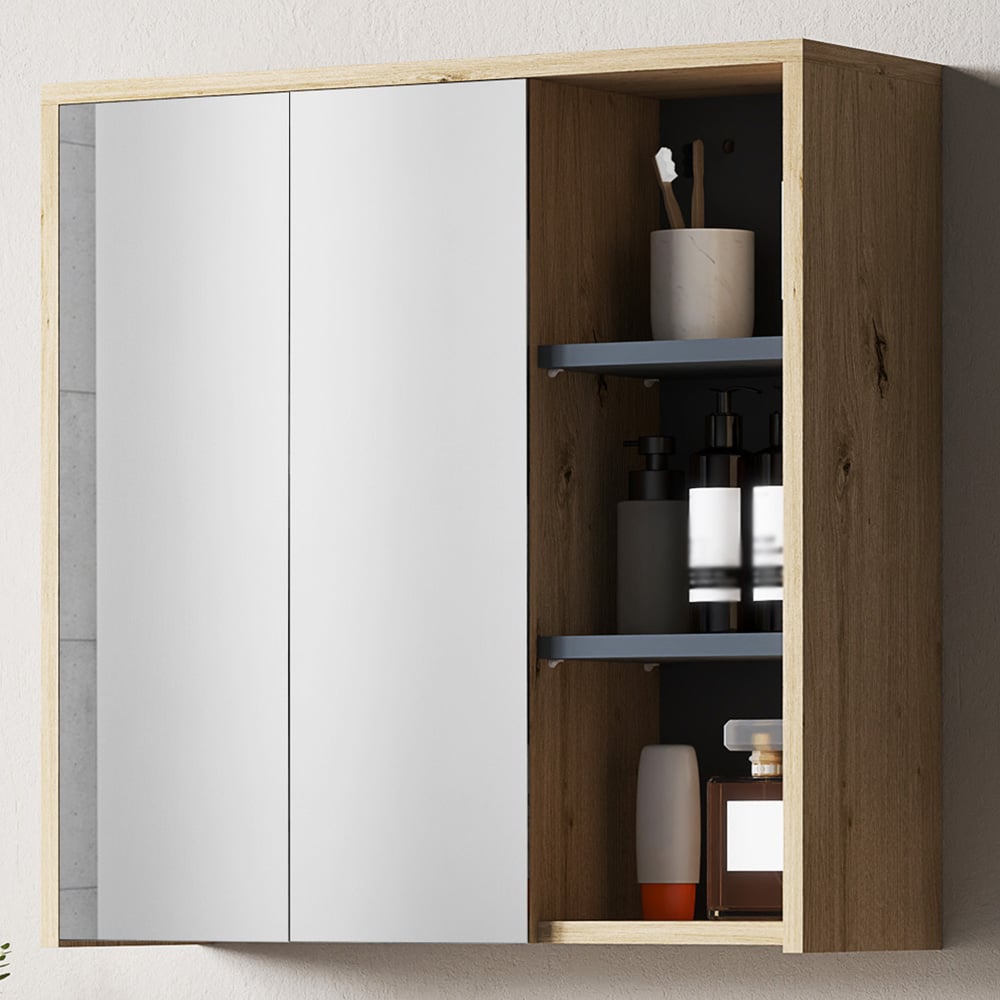 HOMCOM 2 Door 3 Shelf Natural Wall Mounted Mirror Bathroom Storage Cabinet Image 1