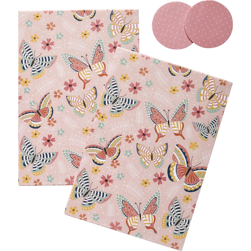 Wilko Pink Butterfly Gift Wrap 2 Sheets and 2 Tags Image 1