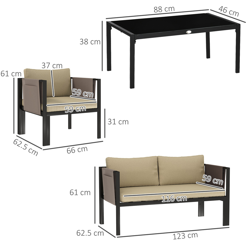 Outsunny 4 Seater Khaki Garden Sofa Set with Tempered Glass Coffee Table Image 9
