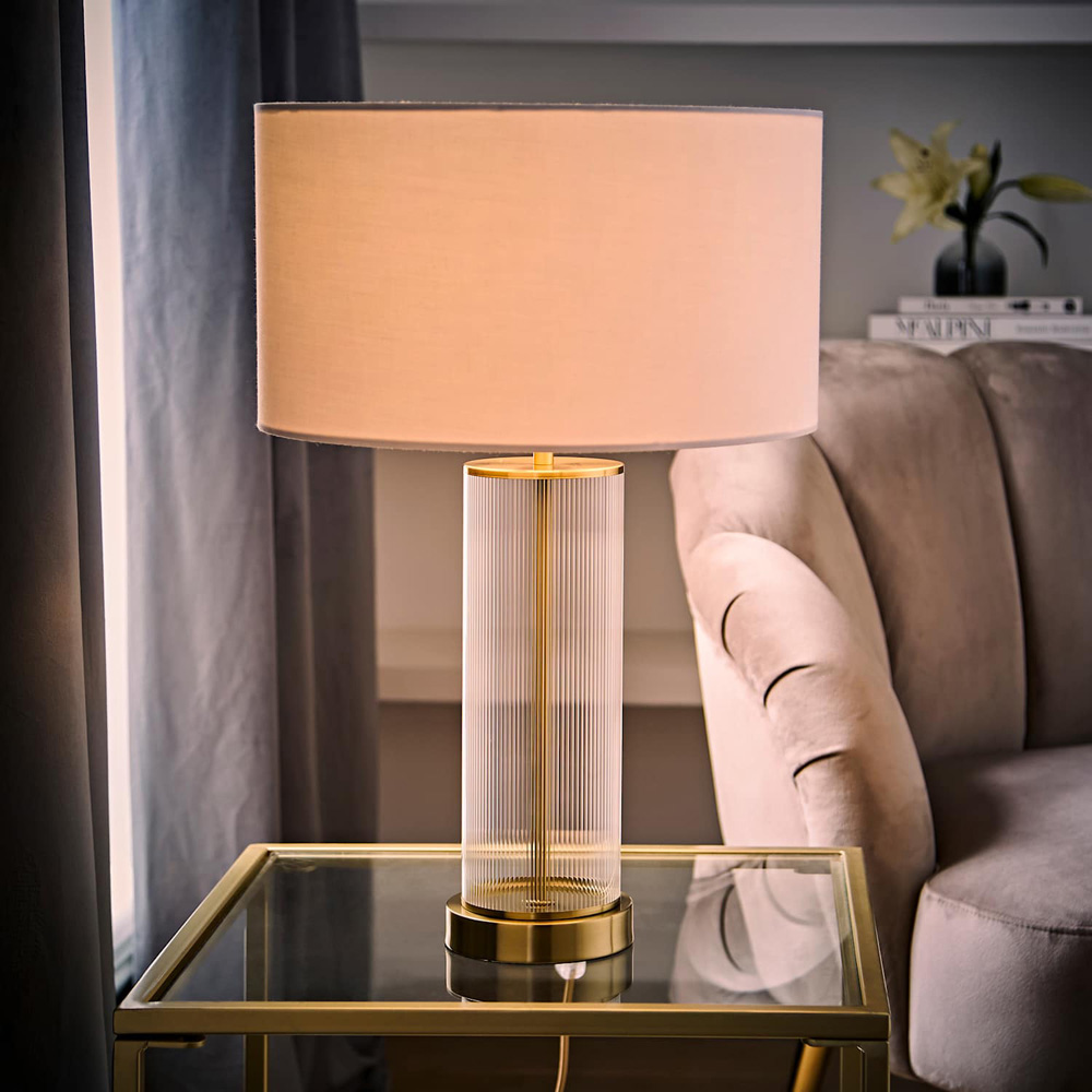 ValueLights Calin White Drum Shade Brushed Gold Ribbed Glass Table Lamp with Bulb Image 2