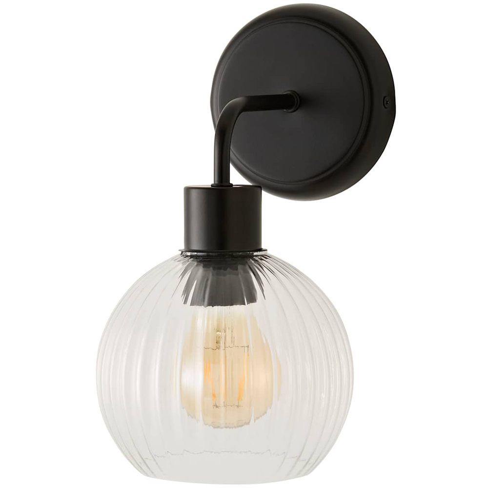 ValueLights Maddison Clear Rib Glass Black Metal Wall Light Fitting with Bulb 2 Pack Image 1