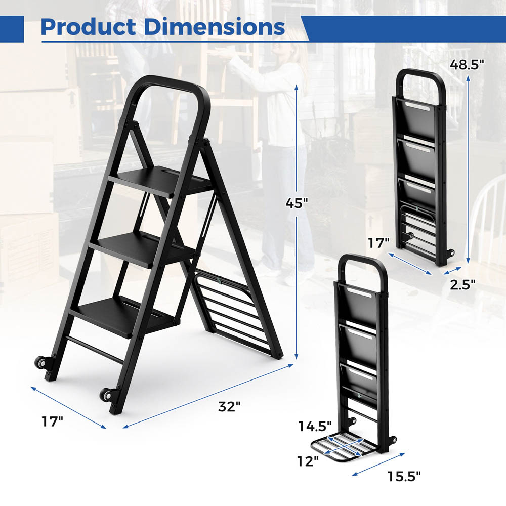 Costway Black 3 Step 2 in 1 Foldable Hand Truck and Ladder Image 9