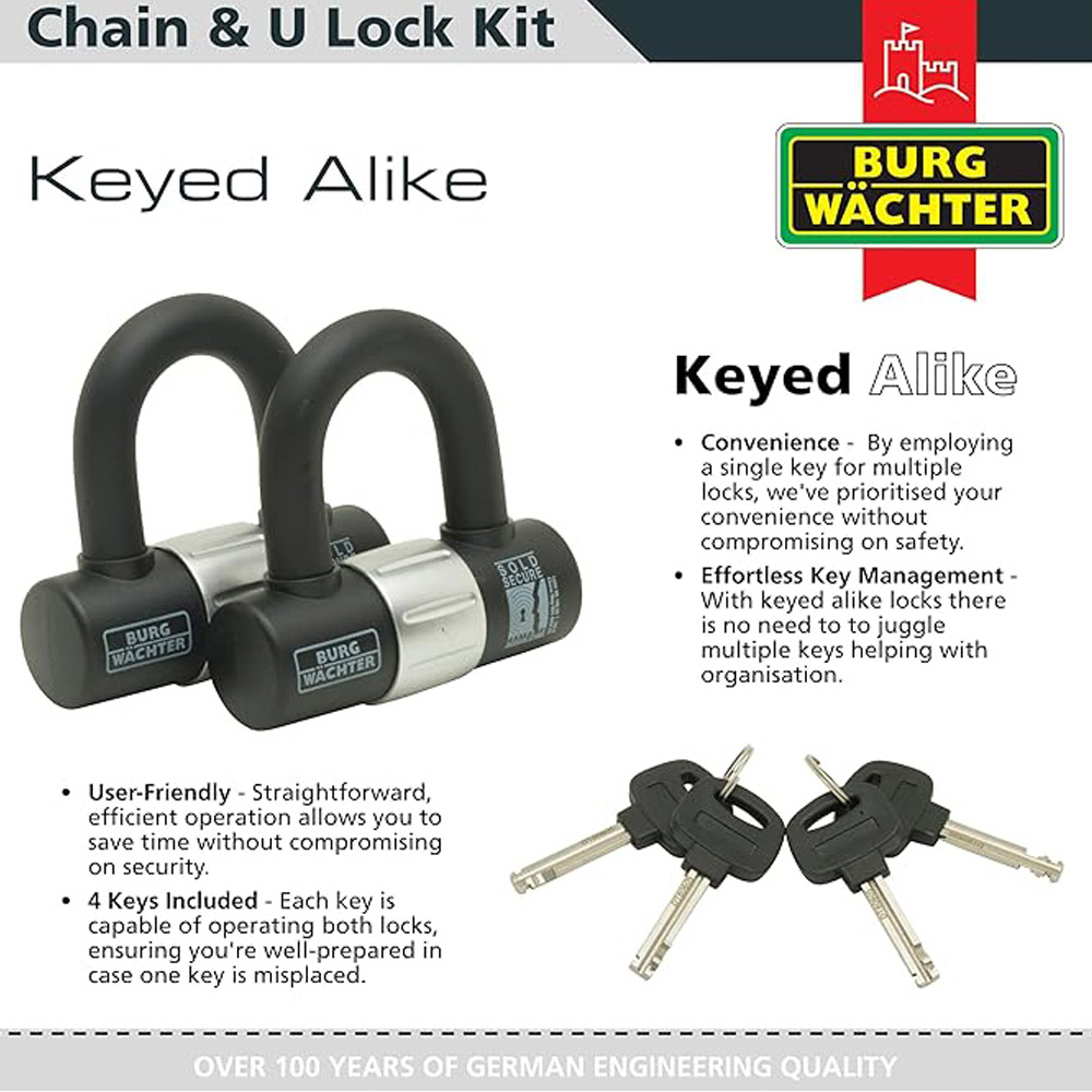 Burg-Wachter Duo Kit Sold Secure Diamond & Gold 1m x 10mm Keyed Alike Chain Twin Pack + U-locks Image 3