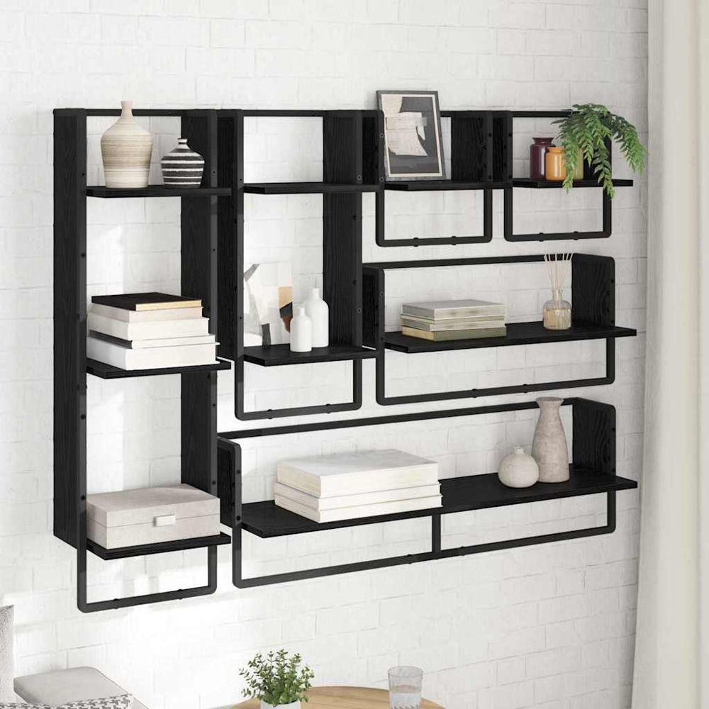 vidaXL 9 Shelf Black Oak Wall Shelf Set of 6 Image 2