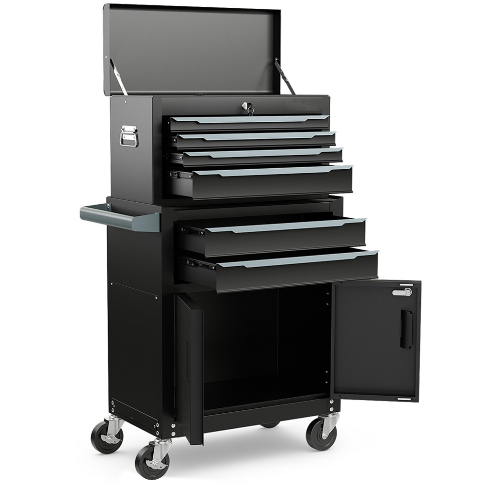 Costway 2 in 1 6 Drawer Black Rolling Tool Chest with Universal Wheels and Hooks Image 1