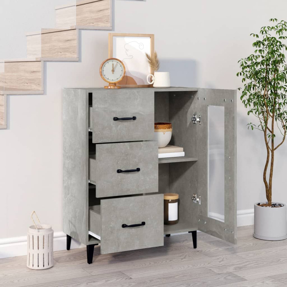 vidaXL Single Glass Door 3 Drawer Concrete Grey Wooden Sideboard Image 8