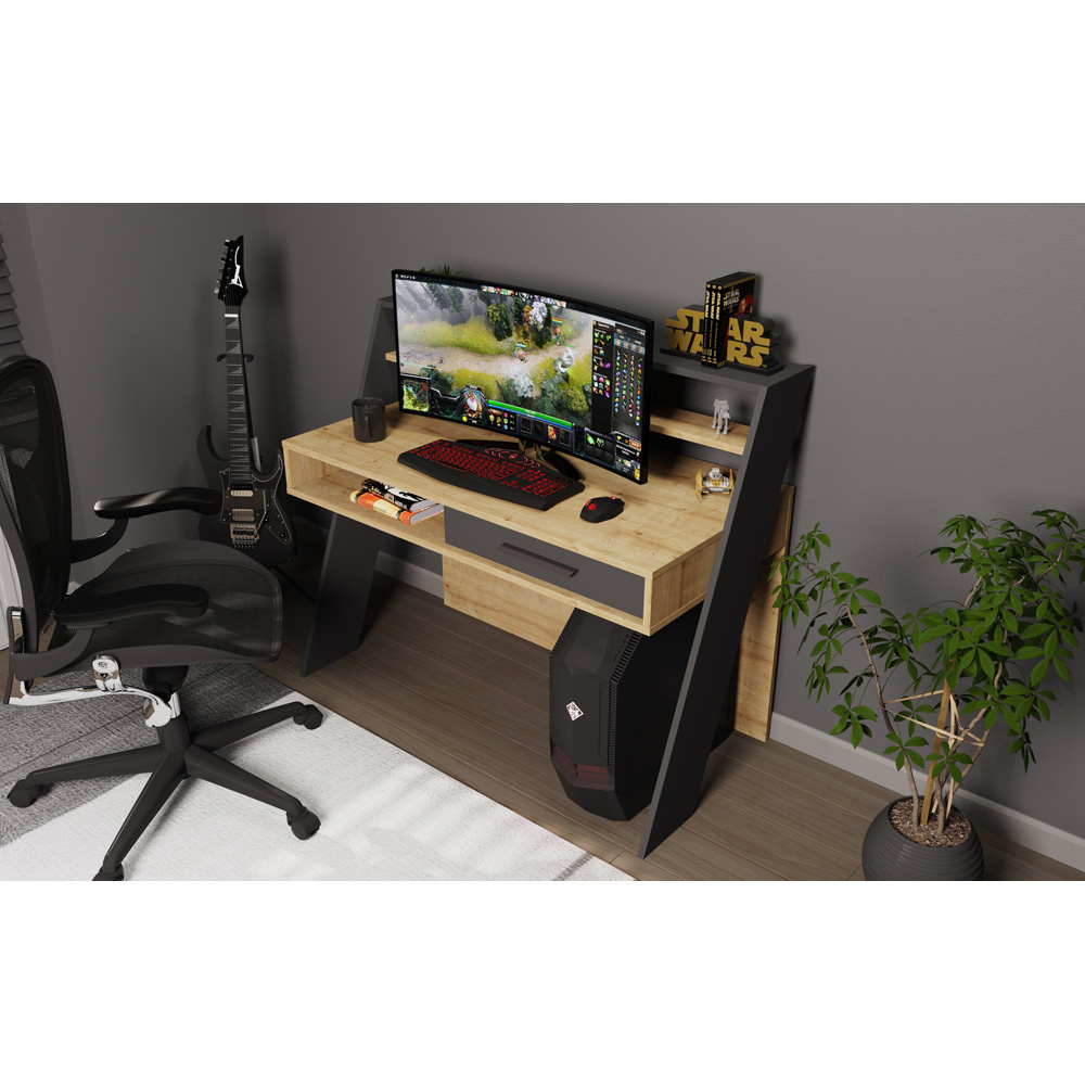 Decorotika Soho Single Drawer 5 Shelf Computer Desk Oak and Anthracite Image 4