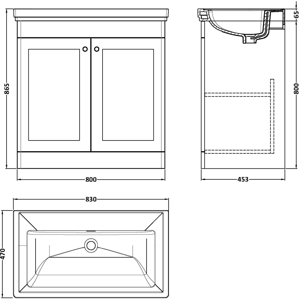 nuie Classique 2 Door Satin White Floor Standing Unit and 0 Tap Hole Fireclay Basin 800mm Image 3