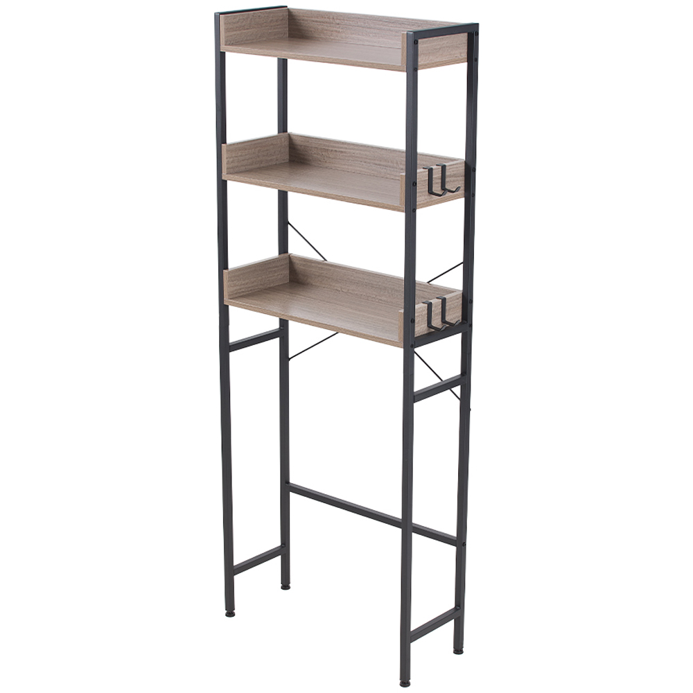 Living and Home 3 Shelf Black and Light Wood Freestanding Over the Toilet Storage Rack with Hooks Image 2