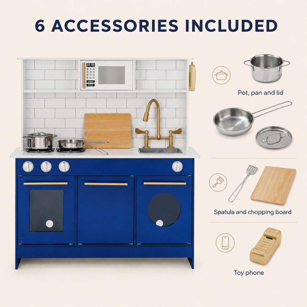 Teamson Kids Little Chef Berlin Blue and White Modern Play Kitchen Set with Gold Hardware Image 6