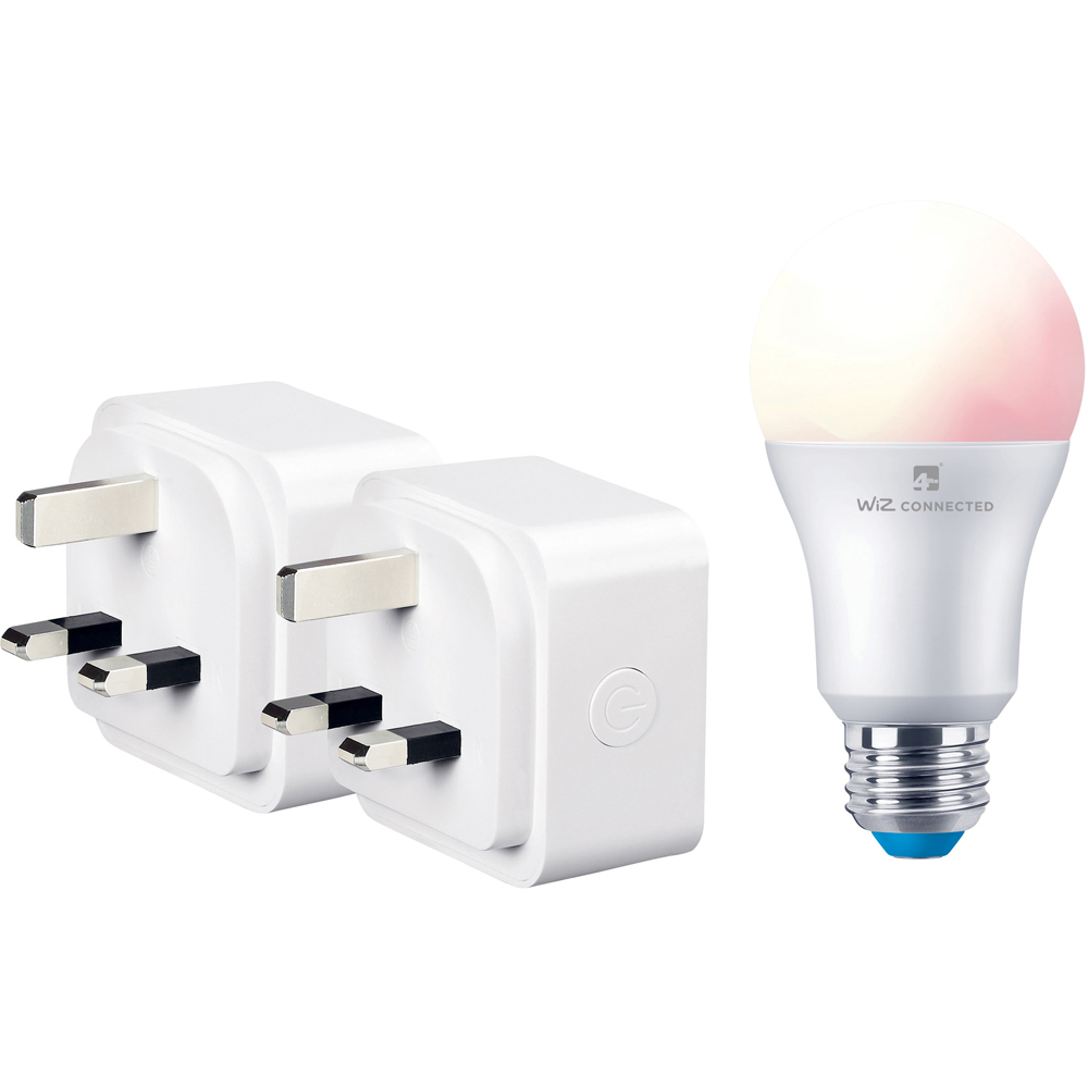 4lite WiZ Connected 3 Pin UK Smart Plug 2 Pack with A60 Dimmable E27 Bulb Image 1