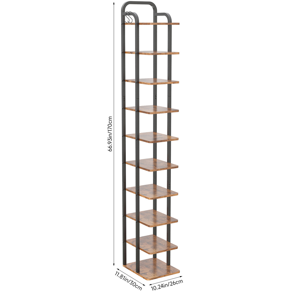 Living and Home 10 Shelf Wood Grain Finish Vintage Shoe Rack with Hooks Image 8