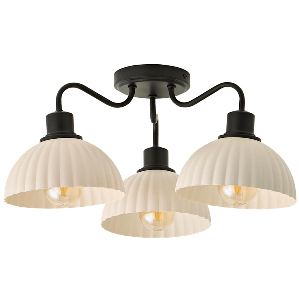 ValueLights Bourton 3 Arm Cream Ribbed Dome Shade Matte Black Ceiling Light with Bulb Image 1