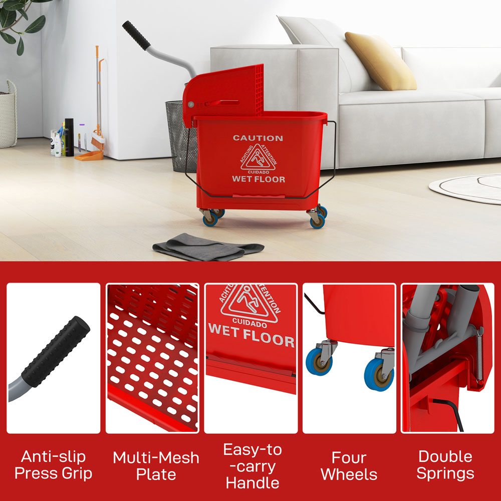 HOMCOM Red Wringer Handle Mop and Bucket Set on Wheels 20L Image 8
