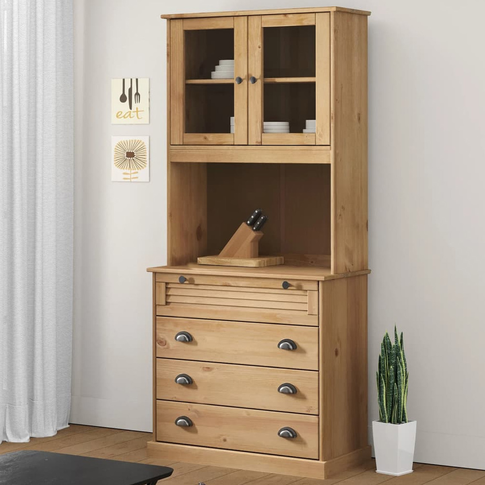 vidaXL Vigo 2 Glass Door 4 Drawer Single Shelf Solid Pine Wood Highboard Image 1