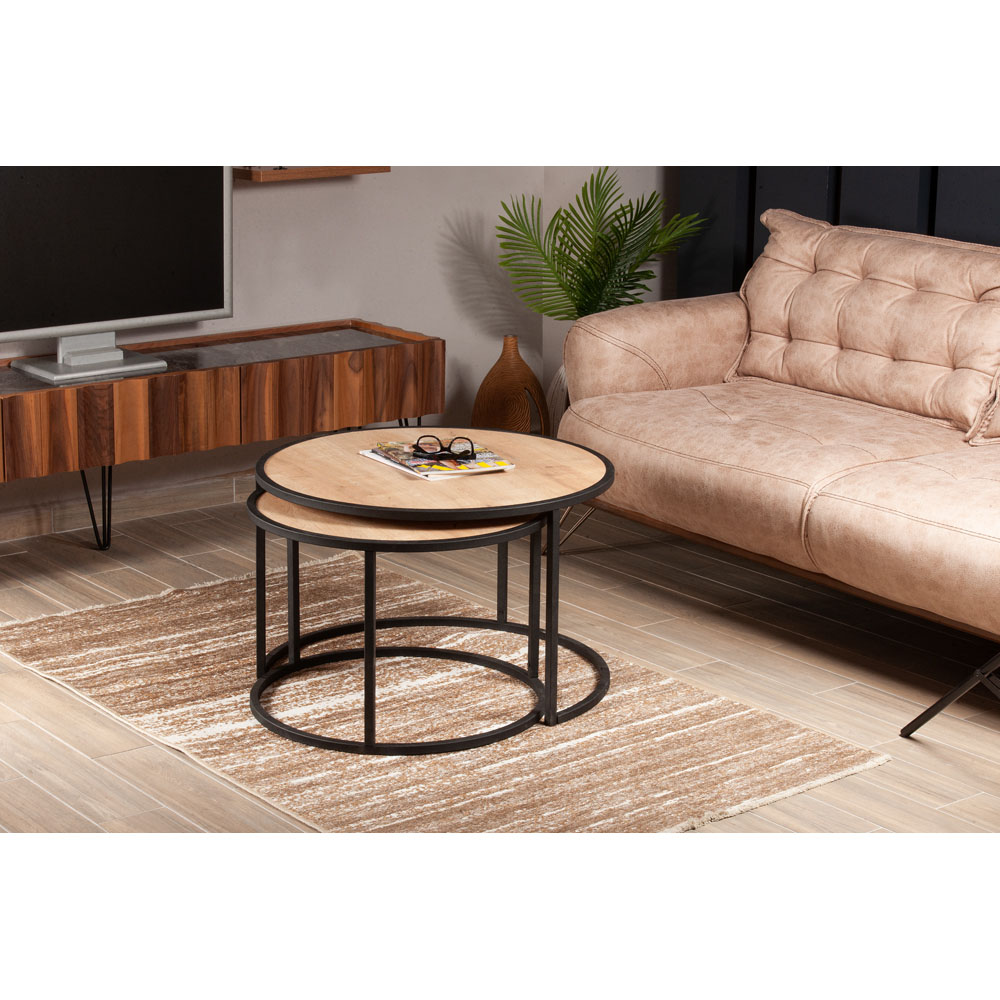 Decorotika Tambur Sapphire Oak and Black Round Nest of Coffee Tables Set of 2 Image 4