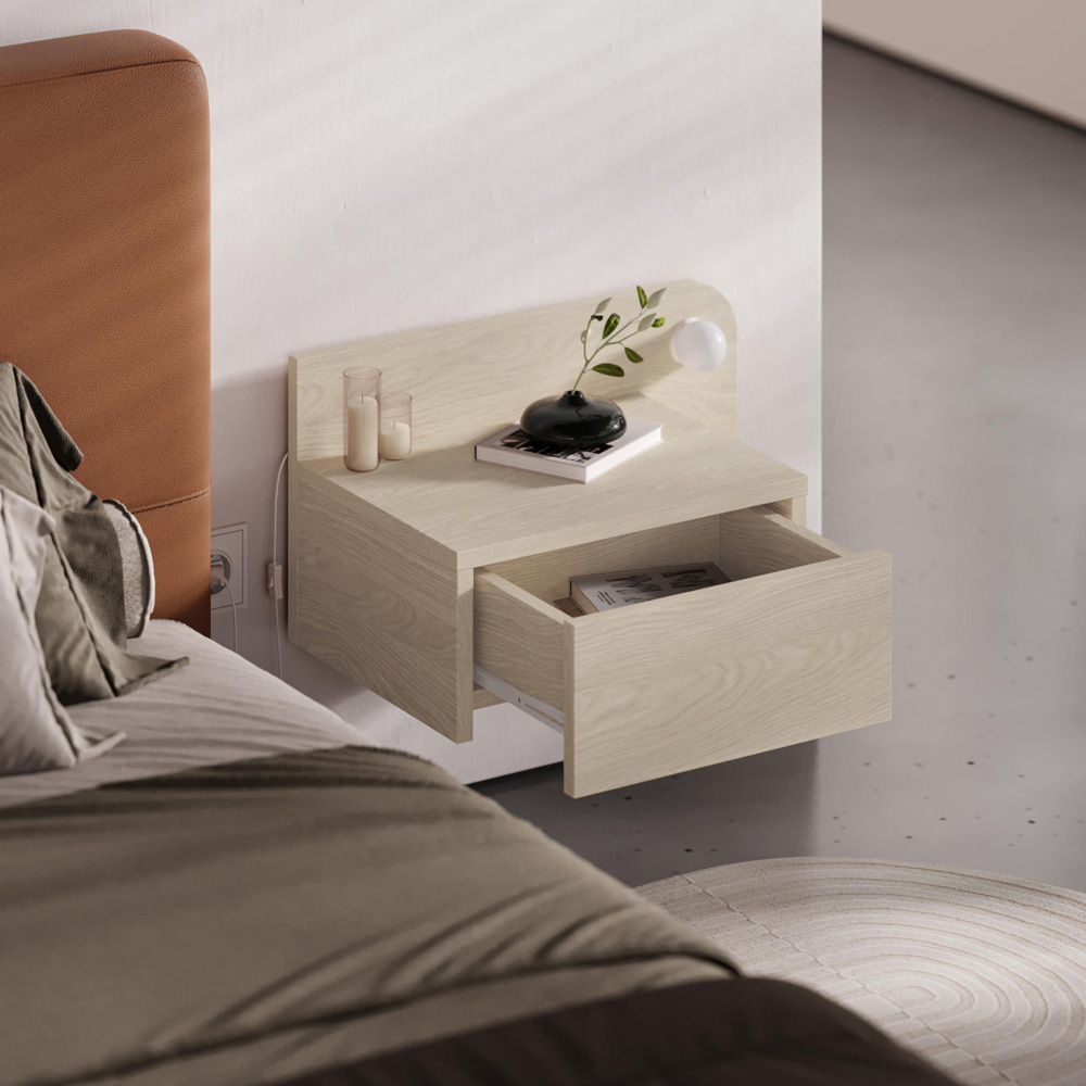 Decortie Dotta Single Drawer Sonoma Oak Wall Mounted Bedside Table with Night Light Image 5