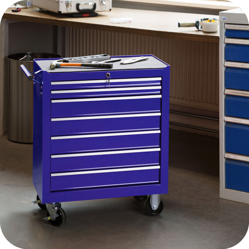 tectake 7 Drawer Blue Tool Chest of Drawers with Wheels Image 2