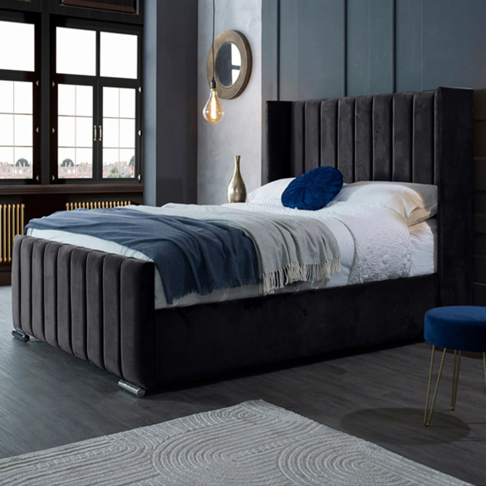 Eleganza Home Meriso King Size Steel Plush Velvet Bed Frame with Winged Headboard Image 1