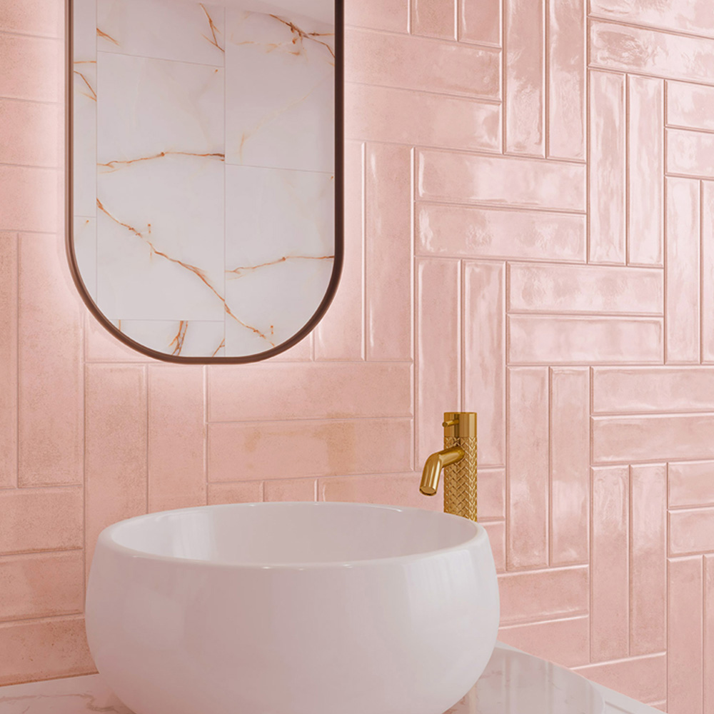 Top Ceramics Powder Pink Gloss Flat Bumpy Metro Ceramic Wall Tile 300 x 75mm Image 1