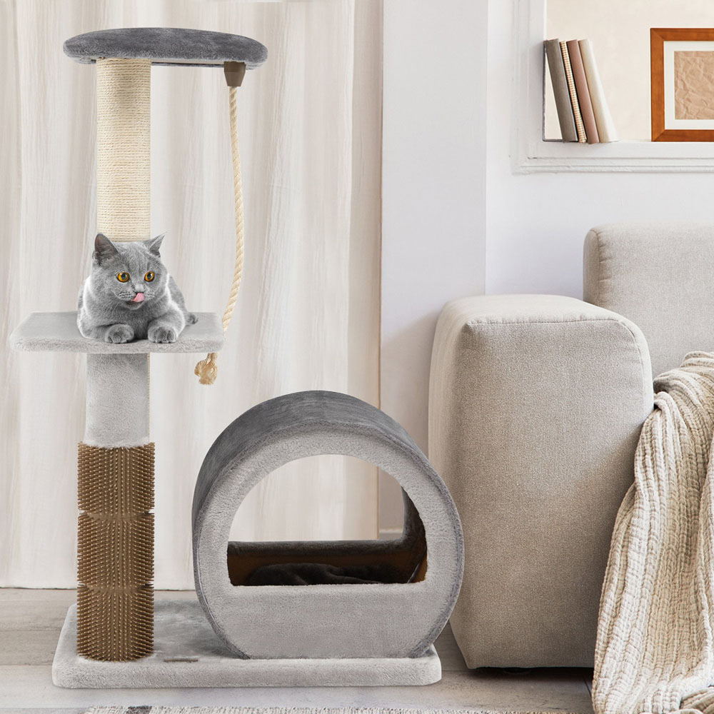 Costway 85cm Grey Sisal Rope Cat Tree Scratcher with Groom Brush Image 4