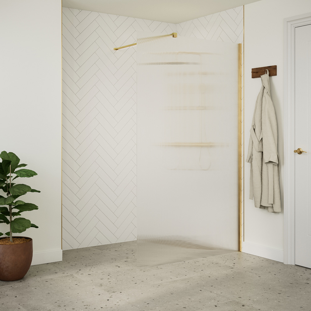Bathstore Nero Fluted Glass Wetroom Shower Panel with Brushed Brass Profile and Front Arm 1000mm Image 2