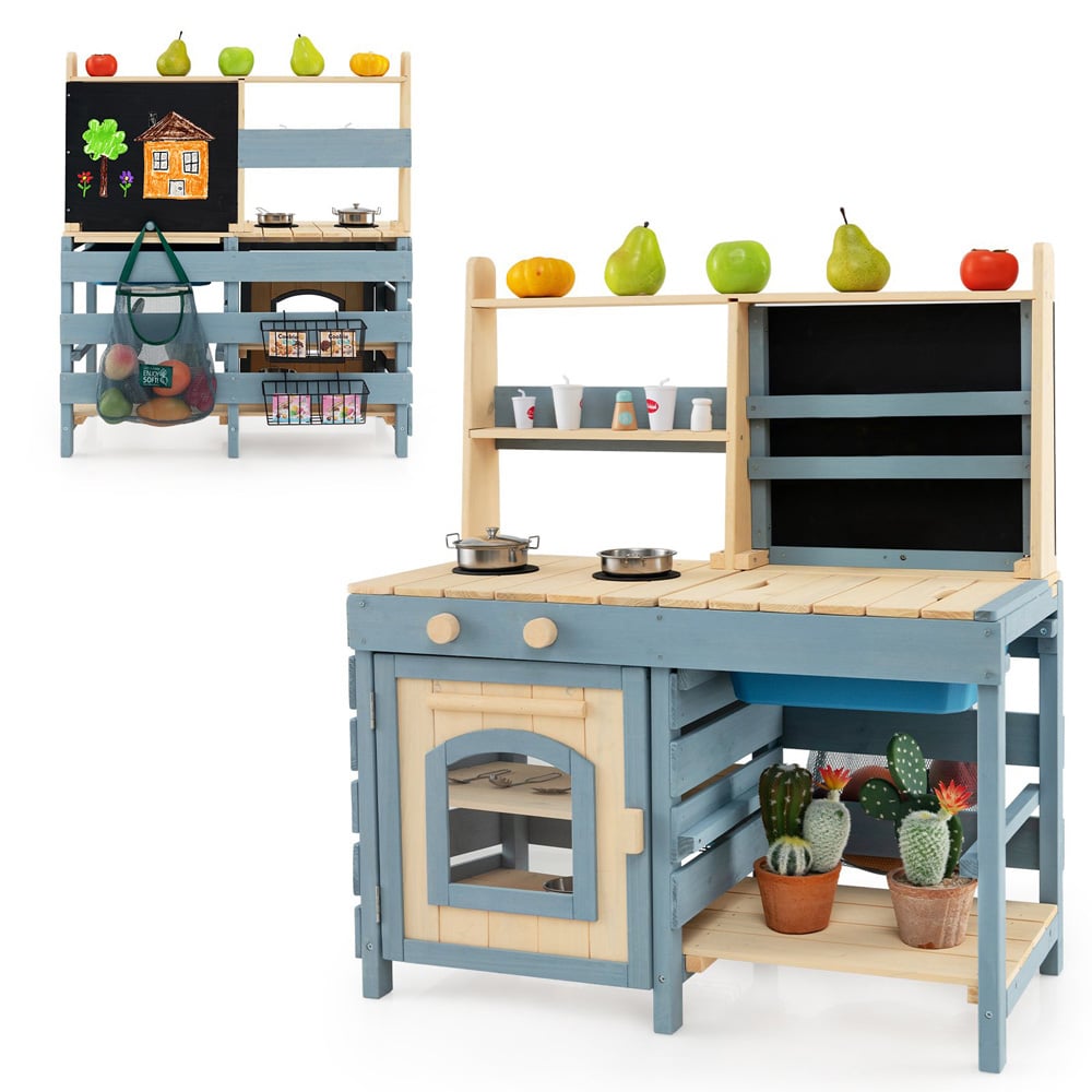 Costway 2-in-1 Kids Outdoor Mud Kitchen with Metal Baskets and Storage Bag Image 4