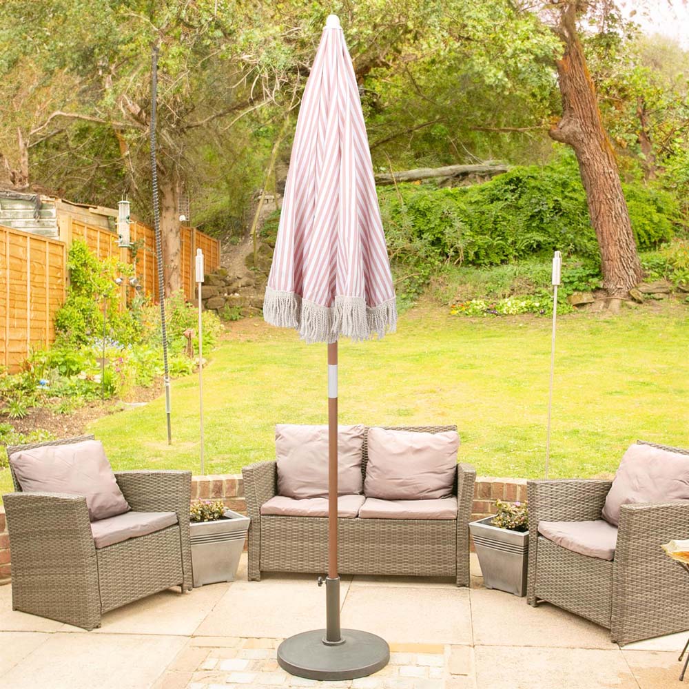 Harbour Housewares Pastel Pink Stripe Wooden Garden Parasol with Tassel Fringe 1.4m Image 4