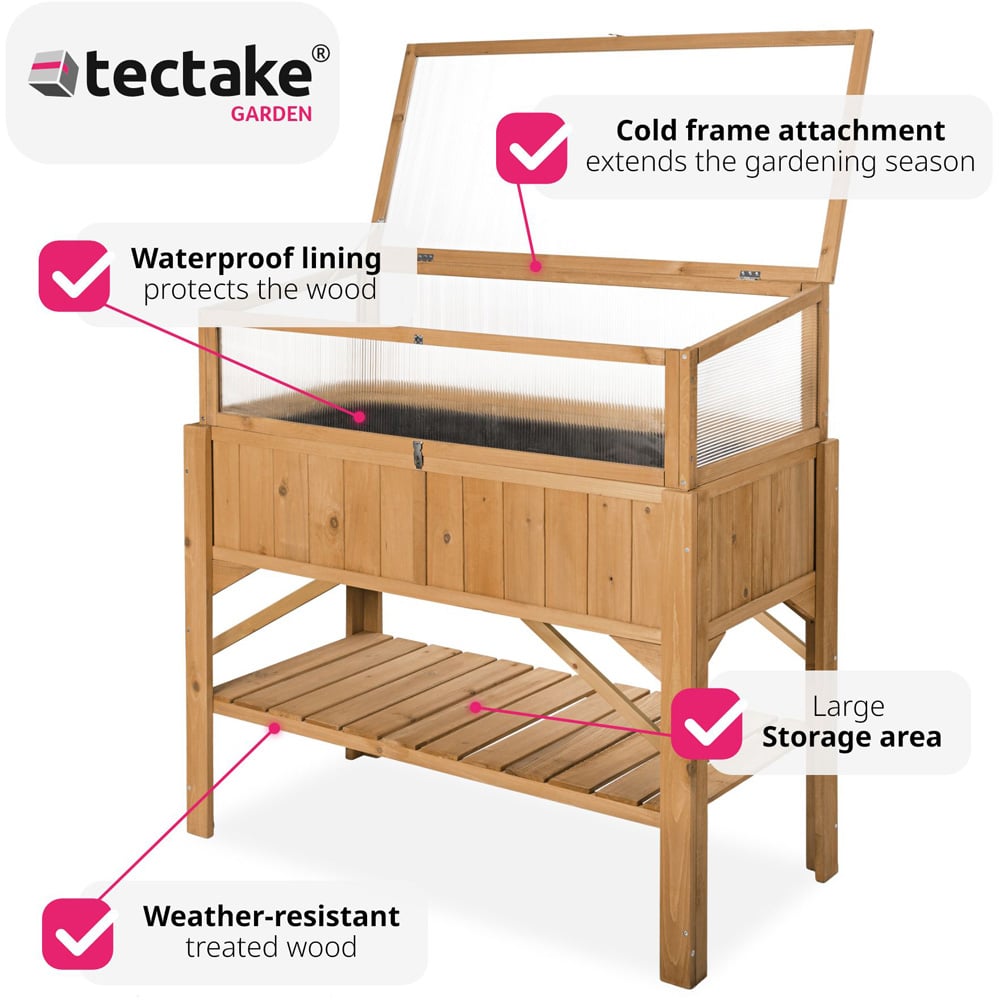 tectake 57 x 119cm Wooden Raised Garden Bed with Storage Shelf and Cold Frame Attachment Image 3