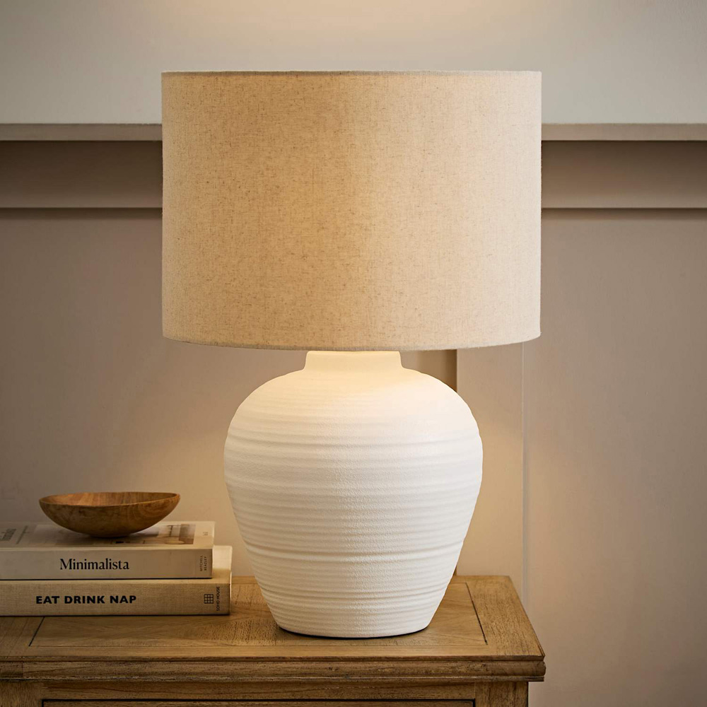 ValueLights Reid Linen Drum Shade White Ribbed Ceramic Large Table Lamp with Bulb Image 5