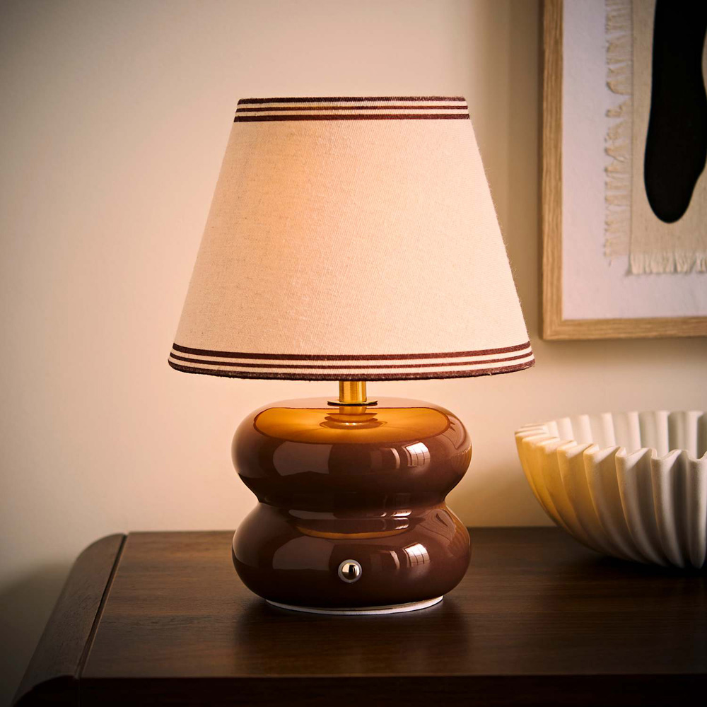 ValueLights Gia Triple Trim Linen Shade Brown Ceramic Stack Rechargeable Table Lamp Image 2