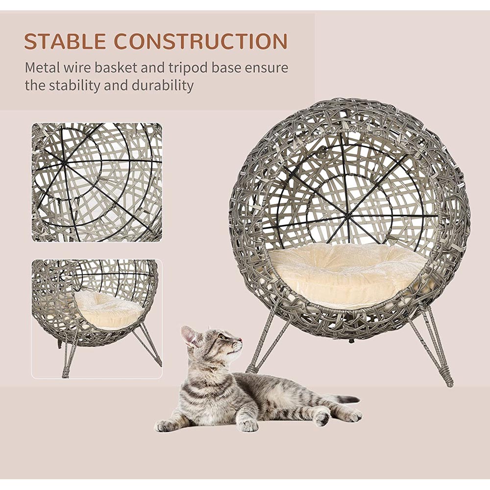 PawHut Woven Rattan Elevated Cat Bed Grey Image 7