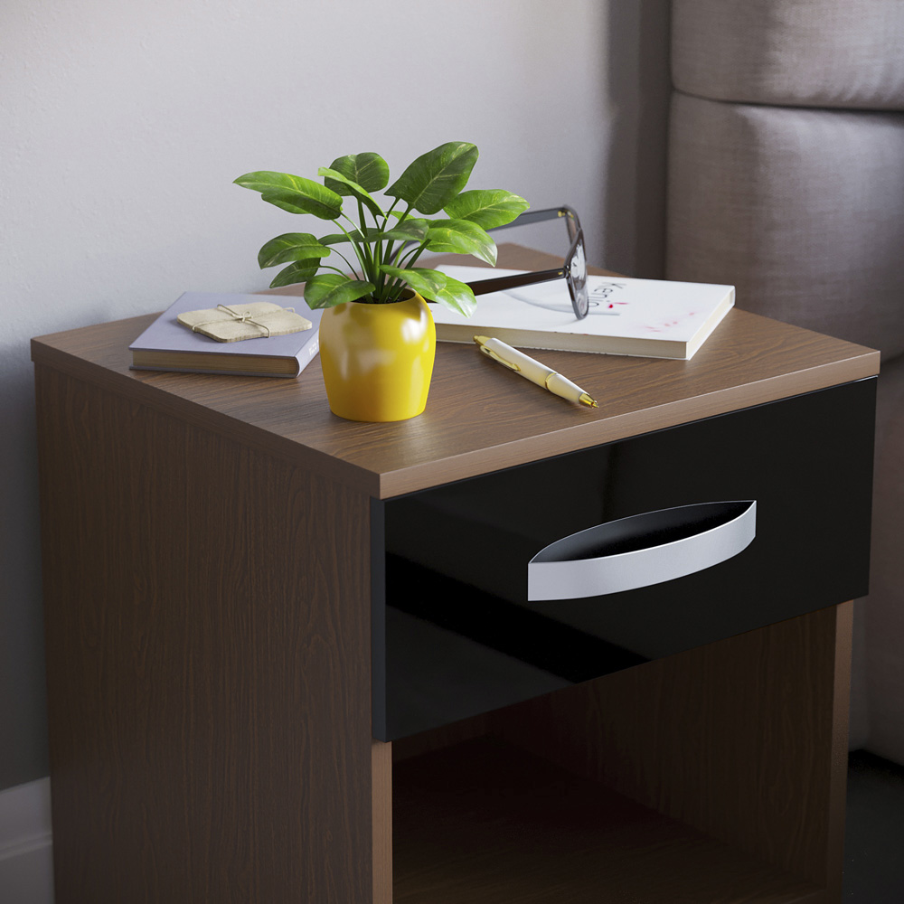 Vida Designs Hulio Single Drawer Walnut and Black Bedside Table Image 3