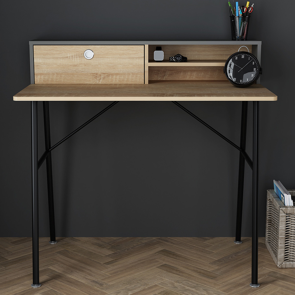 Industrial Single Drawer Oak and Black Study Desk Image 1