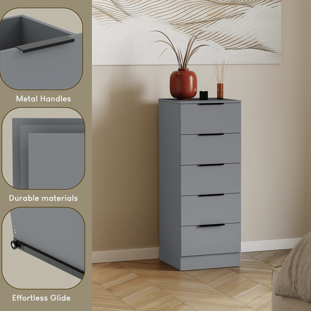 VIDA DESIGNS Trega 5 Drawer Grey Narrow Bedside Cabinet Image 8
