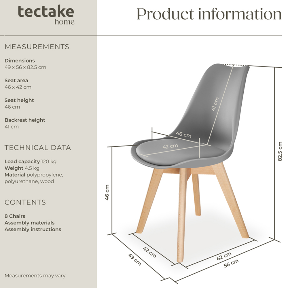 tectake Frederikke Set of 8 Grey Padded Dining Chair with Wooden Legs Image 9