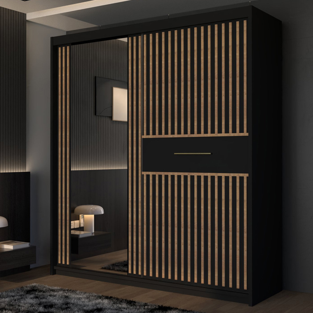 M N Furniture Laiyal 2 Door Black Mirrored Sliding Wardrobe with Oak Strip 150cm Image 1